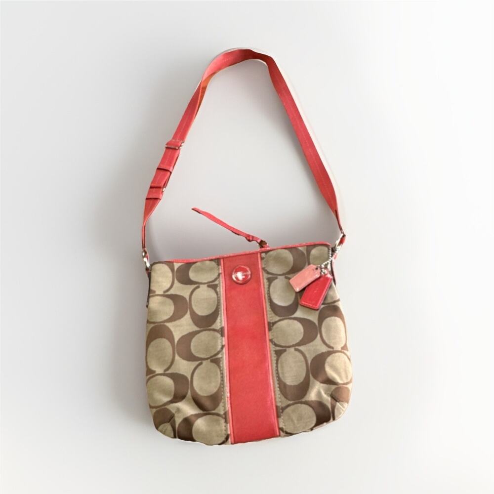 Coach Brown Peach Crossbody signature swing pack Adjustable Strap READ